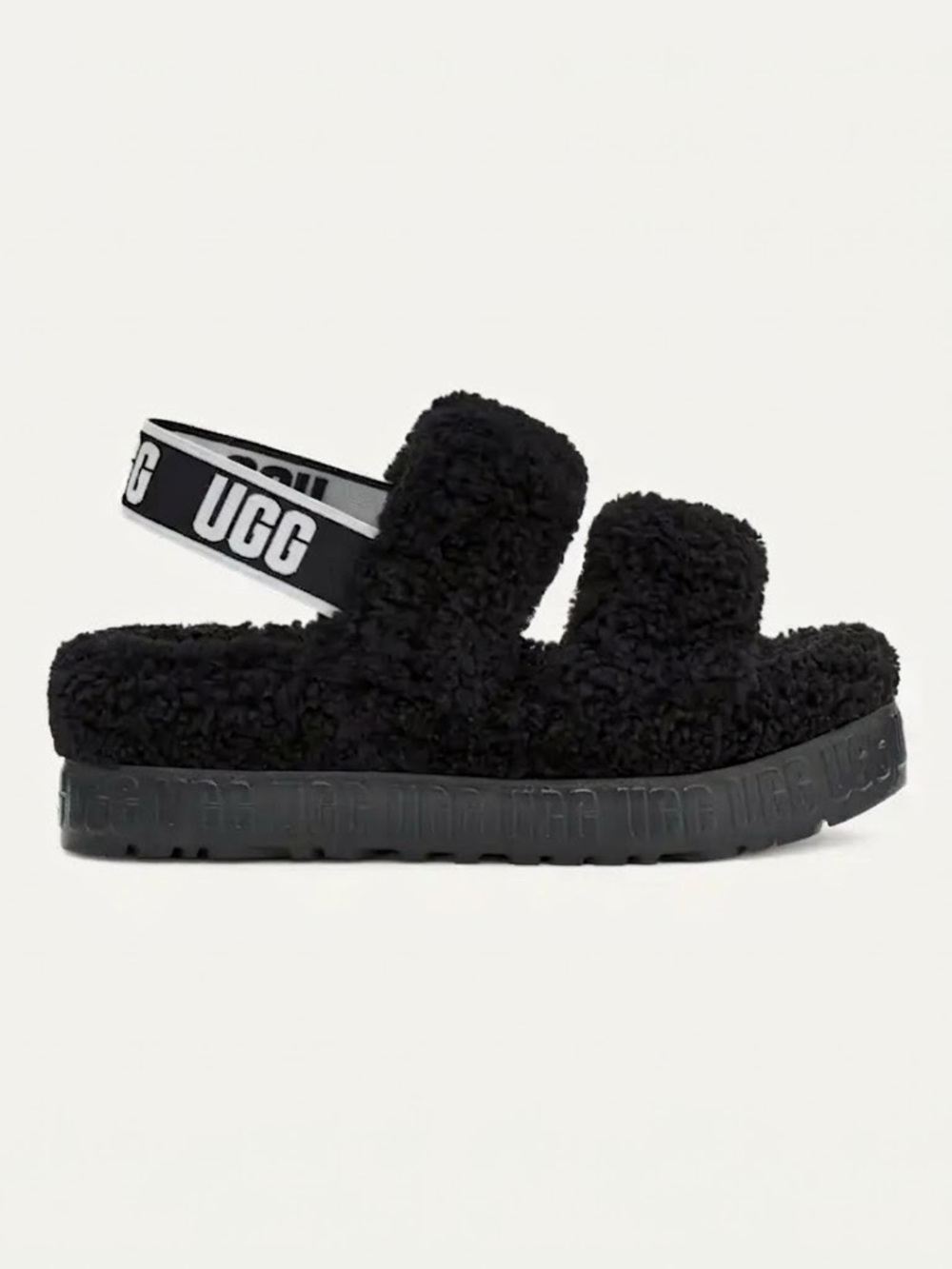 UGG Women’s Oh Fluffita Sheepskin Platform Slingback Sandals Size 6 Black Logo